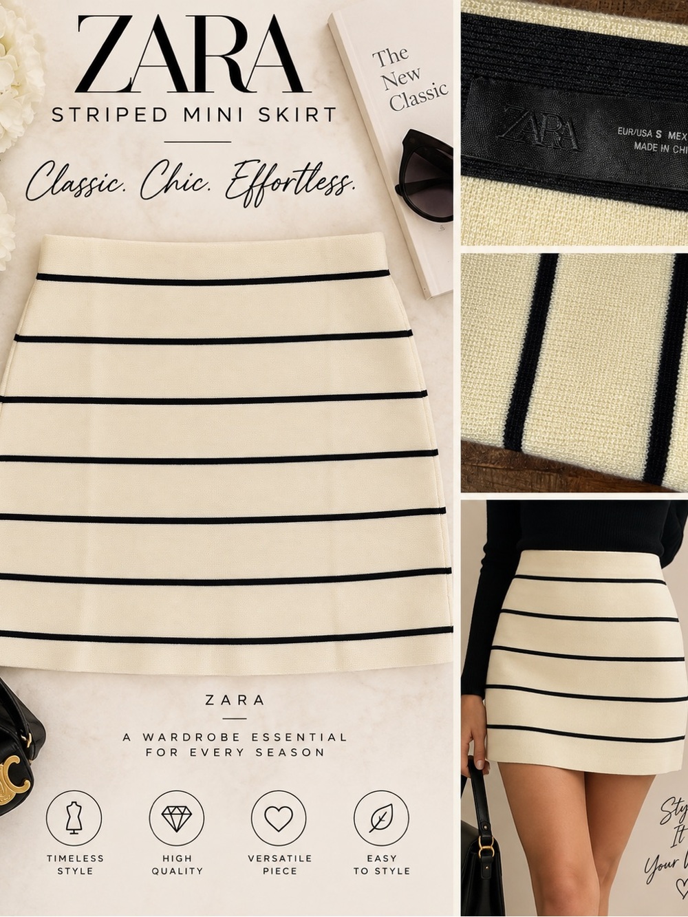 Zara Cream Mini Skirt with Black Horizontal Stripes Small